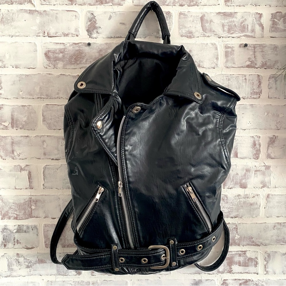 Vintage • Black Leather Motorcycle Jacket Backpack • 80s Grunge Drawstring Bag